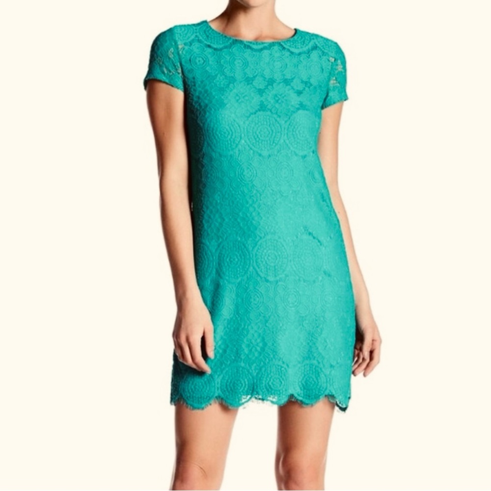 Laundry By Shelli Segal Sheath Dress Lace Green Lined Size 10 Short Sleeves Zipp